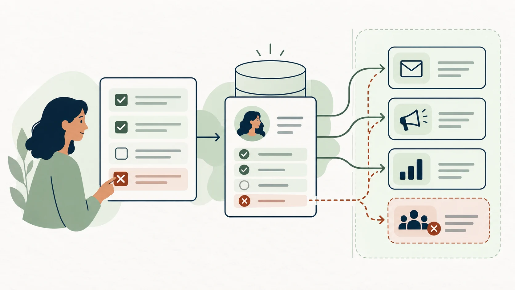Consent choices travel from a person into a CRM, with a separate opt-out path for connected marketing tools.