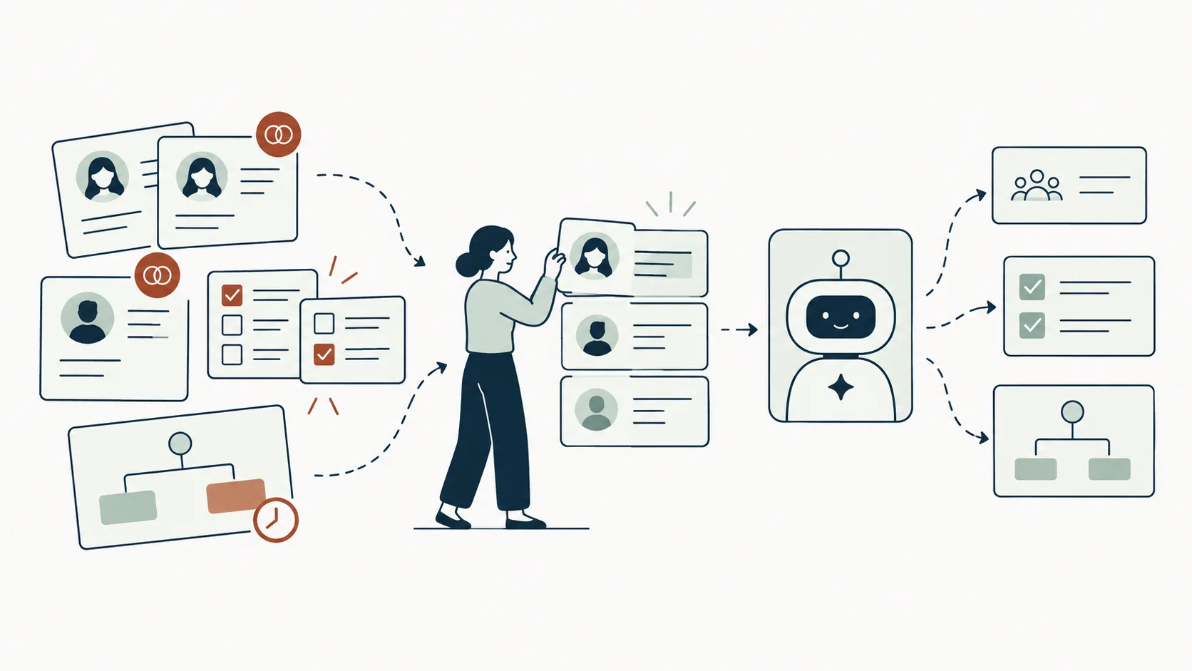 A person sorts duplicate CRM records and conflicting fields before an AI assistant uses the data.